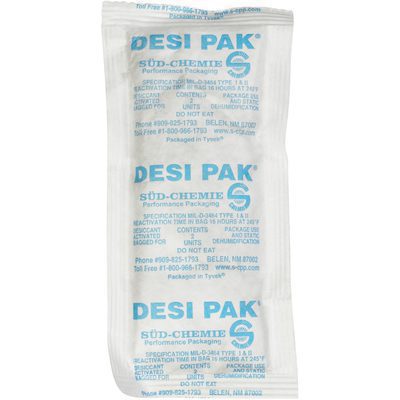 DES129.jpg The 3 x 6 x 3/8 Tyvek® Clay Desiccants, available in a 34 Gallon Drum (800/Drum), are marked with the DESI PAK label and critical instructions. Featuring clay desiccant and a Do Not Eat warning, they come in blue text inside a clear, sealed pouch.