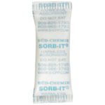 A small white SORB-IT packet with Do Not Eat in blue, the MH-USA 7/8 x 1 1/2 silica gel absorbs moisture efficiently, features contact info and a website for details, and comes packaged as 5000 per case for durability and reliability.
