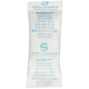 A white Sorb-It MH-USA 7/8 x 2 1/8 Silica Gel Packet (3000/Case) with blue text, Harmless Adsorbent, Do Not Eat, includes Süd-Chemies contact info and comes in Tyvek packaging to keep items moisture-free.