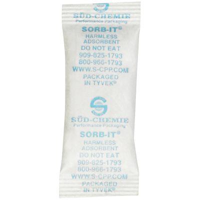 DES142.jpg A white Sorb-It MH-USA 7/8 x 2 1/8 Silica Gel Packet (3000/Case) with blue text, Harmless Adsorbent, Do Not Eat, includes Süd-Chemies contact info and comes in Tyvek packaging to keep items moisture-free.