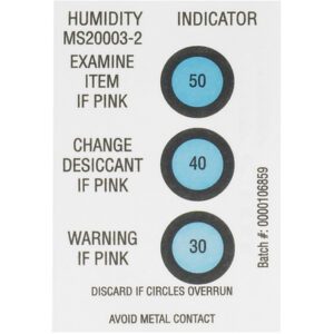 Image of an MH-USA 2 x 3 30-40-50% Humidity Indicator card featuring three sections with numbers 50, 40, and 30. Instructions: Examine item if pink, Change desiccant if pink, and Warning if pink. Batch number visible on the side. (125/Case).