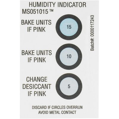 DES161.jpg The MH-USA 2 x 3 5-10-15% Humidity Indicators feature circles labeled 15, 10, and 5 that advise to BAKE UNITS IF PINK or CHANGE DESICCANT IF PINK. There’s a note to discard if circles overrun and avoid metal contact. It comes in cases of 125.