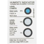 The MH-USA 2 x 3 5-10-60% Humidity Indicators feature a top circle at 60% (blue), a middle circle at 10%, and a bottom circle at 5%. If any turn pink, bake parts. Sold in cases of 125 for easy moisture level tracking.