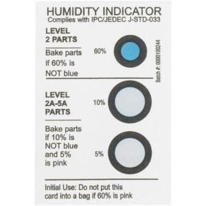 The MH-USA 2 x 3 5-10-60% Humidity Indicators feature a top circle at 60% (blue), a middle circle at 10%, and a bottom circle at 5%. If any turn pink, bake parts. Sold in cases of 125 for easy moisture level tracking.