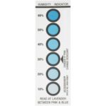 The MH-USA 1 9/16 x 4 3/4 humidity indicator card displays six circles ranging from 10% to 60%. At critical level of 40%, circles change from light blue to Danger Pink Change Desiccant. Instructions suggest reading at lavender between pink and blue.