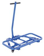 The Vestil Desk Mover Steel 600 Lb Capacity is a blue flatbed trolley with two front wheels and a long handle featuring a black grip, expertly designed to support up to 600 lbs. Its rectangular open frame stands out against its white background.