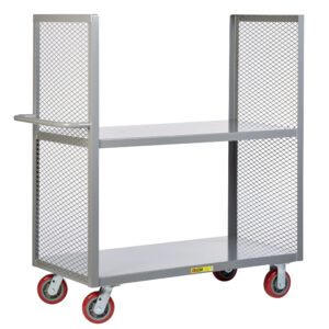 The Little Giant 2-Sided Shelf Trucks are sturdy gray metal utility carts with two shelves, mesh sides, and four red swivel caster wheels for easy movement. Designed for efficient item transport in industrial or commercial settings.