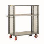 The gray Little Giant 2-Sided Adjustable Shelf Truck utility cart has two shelves, mesh sides, and four red caster wheels for easy mobility. Highlighted against a plain white background, it’s ready to tackle any storage challenge.