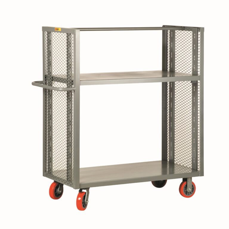 The gray Little Giant 2-Sided Adjustable Shelf Truck utility cart has two shelves, mesh sides, and four red caster wheels for easy mobility. Highlighted against a plain white background, it’s ready to tackle any storage challenge.