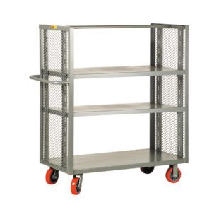 The Little Giant 2-Sided Adjustable Shelf Truck is a versatile cart with three shelves, mesh sides, four red caster wheels, and a convenient handle, making it ideal for industrial or warehouse use.