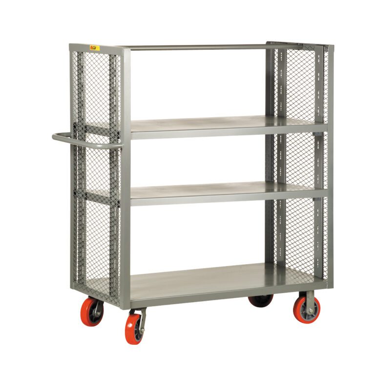 The Little Giant 2-Sided Adjustable Shelf Truck is a versatile cart with three shelves, mesh sides, four red caster wheels, and a convenient handle, making it ideal for industrial or warehouse use.