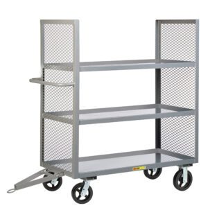The Little Giant 2-Sided Towable Multi-Shelf Truck is a durable metal utility cart with three shelves and mesh side panels, designed for easy transport with four wheels and a handle, finished in an attractive gray.