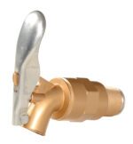 The Vestil Drum Faucet, a brass-plated zinc spigot with a silver lever handle, is displayed against a white background. The 3/4 bung is shown as the spigot angles left, highlighting its threaded end on the right.