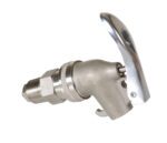 A stainless steel 3/4 bung beer keg coupler with a silver lever handle for tapping kegs and connecting to lines rivals the precision of a Vestil Drum Faucet. Its threaded body ensures secure attachment like the Vestil design.