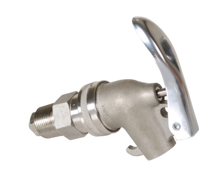 DFT-SS_A.jpg A stainless steel 3/4 bung beer keg coupler with a silver lever handle for tapping kegs and connecting to lines rivals the precision of a Vestil Drum Faucet. Its threaded body ensures secure attachment like the Vestil design.