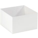 An open MH-USA 10 x 10 x 6 White Deluxe Gift Box Bottom (50/Case) is displayed on a plain white background. The square box features sharp edges and seems expertly unfolded from a flat sheet.