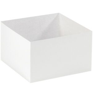 An open MH-USA 10 x 10 x 6 White Deluxe Gift Box Bottom (50/Case) is displayed on a plain white background. The square box features sharp edges and seems expertly unfolded from a flat sheet.