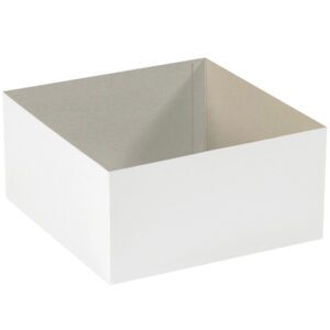 A square white cardboard box, like the MH-USA 12 x 12 x 6 White Deluxe Gift Box Bottoms (50/Case), is open and empty against a plain background, revealing its slightly grayish interior.