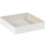An elevated view of a plain, square MH-USA 14 x 14 x 3 White Deluxe Gift Box Bottom, featuring a light gray interior, on a white background.