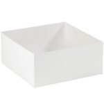 A pristine canvas for gifting, the MH-USA 14 x 14 x 6 Deluxe White Gift Box Bottoms (50/Case) features clean edges and an empty interior, viewed from above at a slight angle.