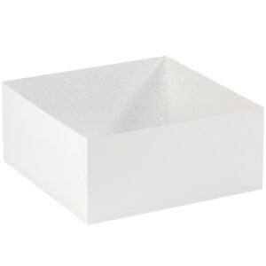 A pristine canvas for gifting, the MH-USA 14 x 14 x 6 Deluxe White Gift Box Bottoms (50/Case) features clean edges and an empty interior, viewed from above at a slight angle.