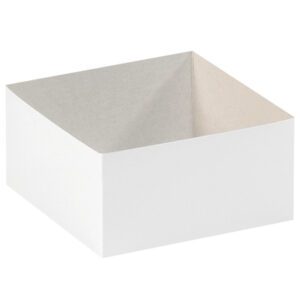 A white MH-USA 6 x 6 x 3 Deluxe Gift Box Bottom from a case of 50 sits empty against a plain background, showcasing straight edges and a square shape with its interior casting a soft shadow.