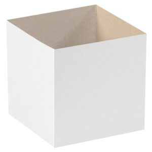 The MH-USA 6 White Deluxe Gift Box Bottoms, with a beige interior, stand upright against a crisp white background.