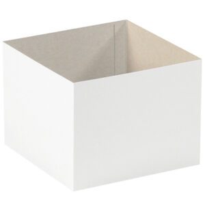 An angled view of a plain MH-USA 8 x 8 x 6 white deluxe gift box bottom reveals its square base, tall sides, and the uncoated, light brown cardboard interior.
