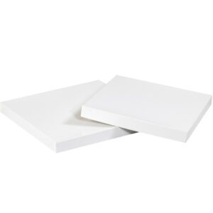 Two white canvases are set on a plain white background, similar to MH-USA 10 x 10 White Deluxe Gift Box Lids, with one canvas lying flat and the other leaning slightly against it.