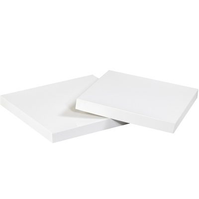 DGBL1212W.jpg Two white, square canvases rest side by side at a slight angle against each other, resembling the pristine condition of MH-USAs 12 x 12 White Deluxe Gift Box Lids (50/Case), on a plain white background, highlighting their simplicity and elegance.