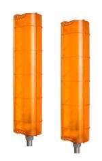 The Vestil LED Loading Dock Guide Light Set in AC voltage includes two tall, rectangular orange lights with a protective grid on metal bases, positioned vertically against a white background.
