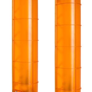 The Vestil LED Loading Dock Guide Light Set in AC voltage includes two tall, rectangular orange lights with a protective grid on metal bases, positioned vertically against a white background.