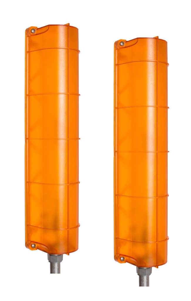 The Vestil LED Loading Dock Guide Light Set (DC voltage) includes two orange rectangular safety beacons with vertical lines on robust metal bases, offering a smooth, streamlined design for high visibility and improved loading dock safety.