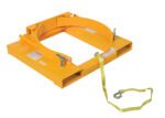 The Vestil Drum Gripper Deluxe Single 55 Gal 1.5K is a yellow metal hoist with a rectangular base, curved arms, and two locking mechanisms. It features a sturdy strap with a metal loop, designed for safely lifting large, round objects like single 55-gallon drums, supporting loads up to 1.5K securely.