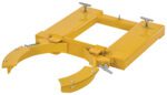 The Vestil Drum Grabber Adjustable Steel/Plastic is a yellow metal forklift attachment with adjustable clamps, designed to securely lift steel and plastic drums. Its rectangular structure features two semicircular grippers on one side.