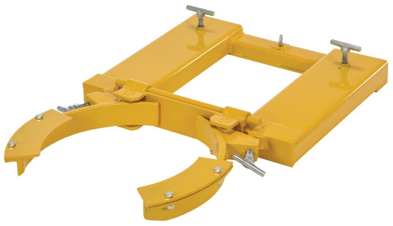DGS-A-PSD_A.jpg The Vestil Drum Grabber Adjustable Steel/Plastic is a yellow metal forklift attachment with adjustable clamps, designed to securely lift steel and plastic drums. Its rectangular structure features two semicircular grippers on one side.