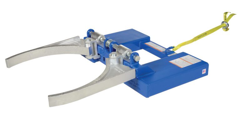 A Vestil Drum Gripper Single Adjustable 800 Lb has a blue base, two curved silver arms, and mechanical joints. It features a yellow strap with a hook to securely lift heavy objects up to 800 lb.