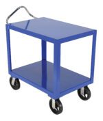 The Vestil Ergo Handle Cart has a blue metal design, two shelves, and durable 24x36 dimensions. It features smooth-rolling rubber casters on four black wheels and includes a convenient silver handle for easy maneuvering.