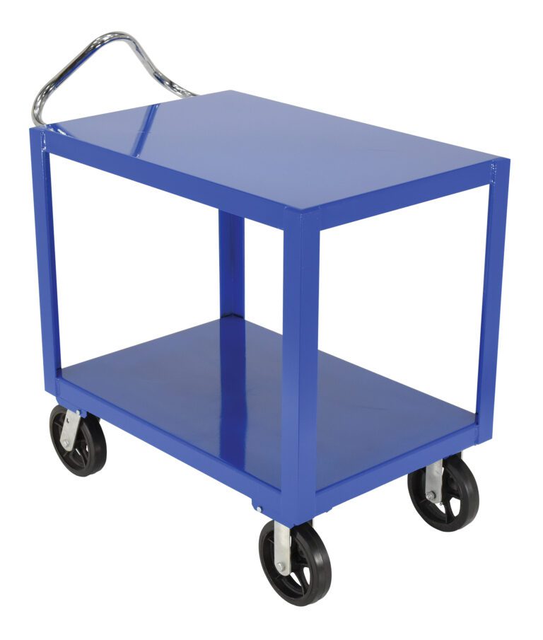 DH-MR2-2436_A.jpg The Vestil Ergo Handle Cart has a blue metal design, two shelves, and durable 24x36 dimensions. It features smooth-rolling rubber casters on four black wheels and includes a convenient silver handle for easy maneuvering.