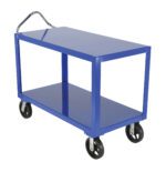 Introducing the Vestil Ergo Handle Cart Rubber Casters 24 X 48, a blue utility cart with two flat shelves, a chrome handle, and durable rubber casters—perfect for easy transport on any surface. Shown on a plain white background.
