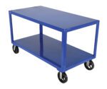 The Vestil Ergo Handle Cart Rubber Casters 30 X 60 features a sleek blue, two-tiered design with a sturdy rectangular metal frame and four black rubber casters, ideal for transporting or storing various items efficiently.