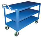 The Vestil Heavy Duty Ergo Handle Cart 3Shelf 24X48 features a blue finish, three spacious shelves, and sturdy wheels. It measures 24x48 inches with a left-side handle and is displayed against a white background.