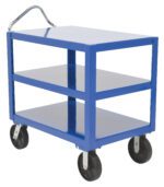 The Vestil Heavy Duty Ergo Handle Cart 3Shelf 30X60 is a blue, three-tier utility cart with a sturdy metal handle and four black wheels, set against a white background.