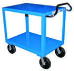The blue Vestil Heavy Duty Ergo Handle Cart 34X48 has two shelves and four black wheels, featuring an ergonomic handle for easy maneuvering, making it perfect for transporting items in warehouses or workshops.