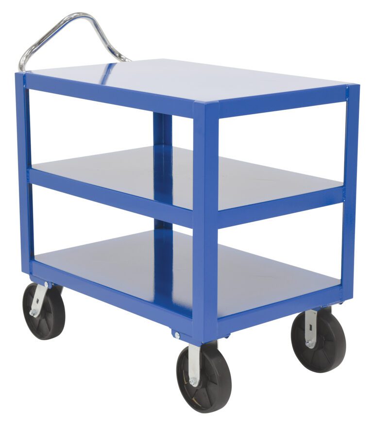The blue, three-tier utility cart resembles the Vestil Heavy Duty Ergo Handle Cart 3Shelf 34X72. It features black wheels and a silver handle, making it ideal for transporting or storing items with its sturdy metal frame.