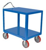 The Vestil Ergo Handle Cart Poly Casters 3.6K 24X36 is a blue metal utility cart with two shelves and durable poly casters, designed for smooth maneuverability. Its industrial style features a convenient push handle, ideal for transporting items in various settings.
