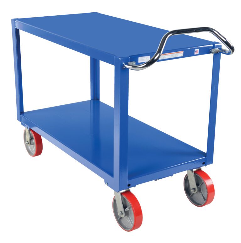 The Vestil Ergo Handle Cart Poly Casters 3.6K 24X48, a blue utility cart, has two shelves and a handlebar. It features four red poly casters for smooth rolling, including two fixed and two swivel castors for easy maneuverability.