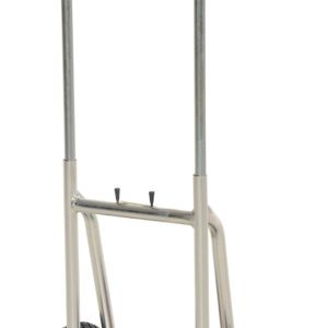 The Vestil Fold-Down Aluminum Hand Truck-Pneumatic boasts a sleek silver frame, red handles, and durable pneumatic wheels with red rims. Its foldable base is designed to easily transport heavy items.