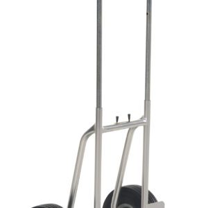 The Vestil Fold-Down Aluminum Hand Truck-Blk Ureth sports a silver frame, two black urethane wheels, and red handles. Its upright design with a flat loading plate ensures rugged traction and efficient transport for various tasks.