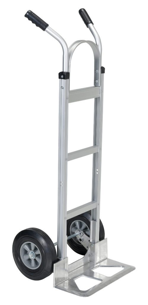 The Vestil 2 Handle Alum Hand Truck Hard Rubber boasts a silver ladder-like frame with two durable hard rubber black wheels, a flat base, and ergonomic black grips for comfortable transport.